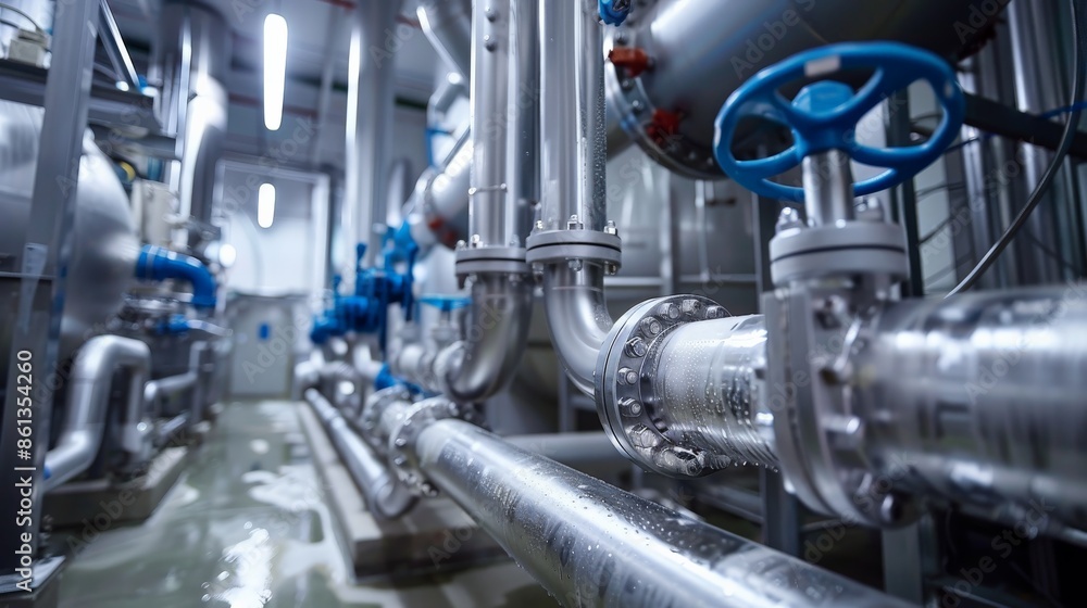 Steel pipelines and valves with visible condensation in a refrigeration unit within a food processing plant Steel pipelines and valves with visible condensation in a refrigeration unit within a food processing plant