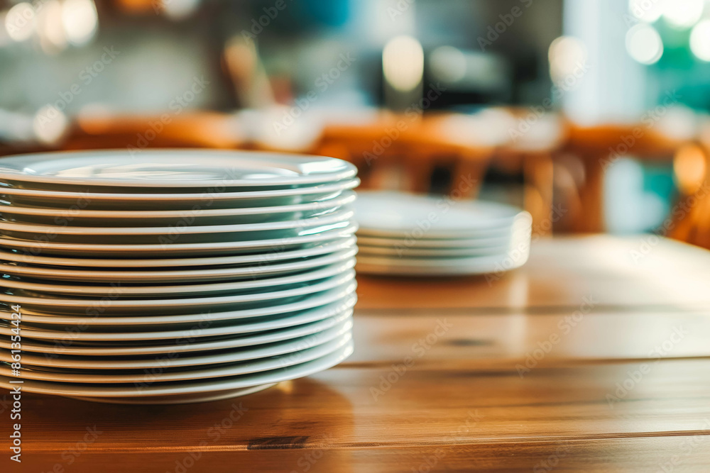 Closeup clean plates stack on a table ready for use Closeup clean plates stack on a table ready for use
