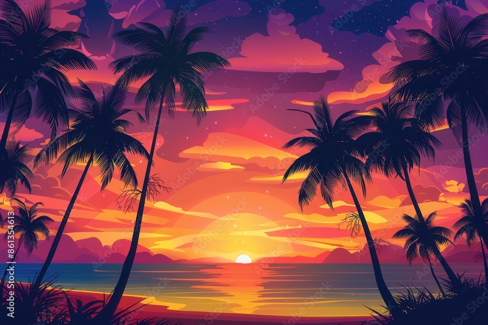 A vibrant sunset casts warm hues over a peaceful beach, with palm trees silhouetted against the sky. Generative AI A vibrant sunset casts warm hues over a peaceful beach, with palm trees silhouetted against the sky. Generative AI