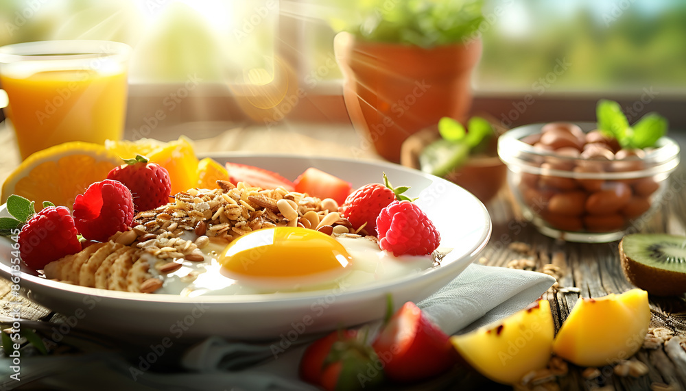 breakfast with fried eggs, toasts, juice on kitchen background breakfast with fried eggs, toasts, juice on kitchen background