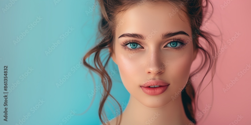 A woman with blue eyes and long hair is looking at the camera. She has a pinkish tint to her lips and her hair is styled in a bun A woman with blue eyes and long hair is looking at the camera. She has a pinkish tint to her lips and her hair is styled in a bun