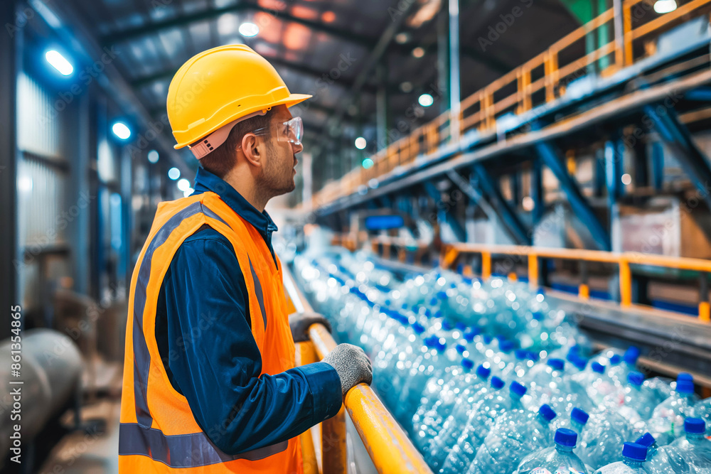 Recycling plant worker overseeing plastic bottle processing Recycling plant worker overseeing plastic bottle processing