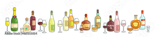 Collection of various bottles of wine, strong alcohol and diversity of glasses. Banner in line style. Isolated on white background. Vector flat illustration. Template for menu design
