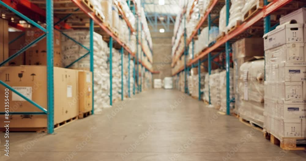 Logistics, supply chain and warehouse with inventory, stock or storage for delivery and shipping. Ecommerce, industry and retail with boxes or packages on shelves in empty depot for distribution Logistics, supply chain and warehouse with inventory, stock or storage for delivery and shipping. Ecommerce, industry and retail with boxes or packages on shelves in empty depot for distribution