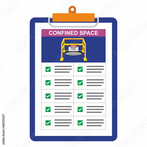Vector illustration of confined space work safety inspection checklist document. Paper board holder with green checkmark item point of checking.	