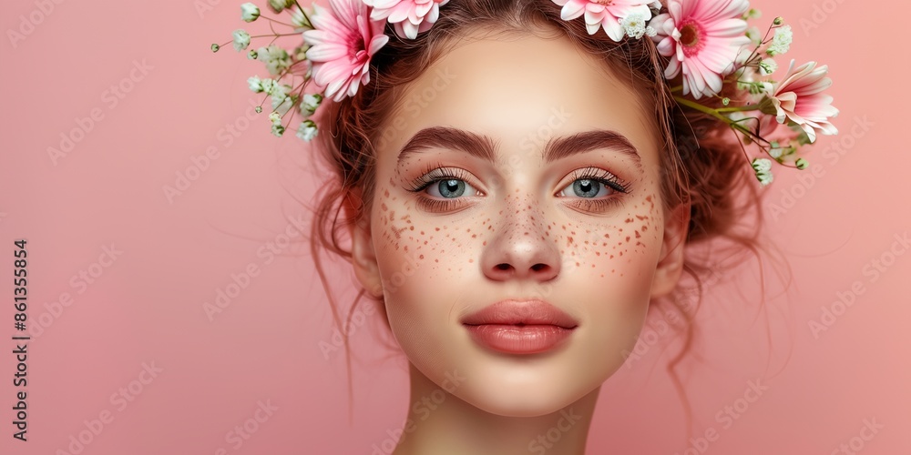 A woman with a flowery headband and makeup on a pink background. The woman has a bright and cheerful expression on her face A woman with a flowery headband and makeup on a pink background. The woman has a bright and cheerful expression on her face