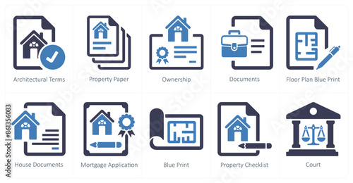 A set of 10 Real Estate icons as architectural terms, property paper, ownership