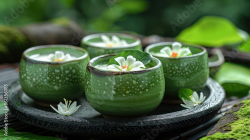 Thai Coconut Custard with Pandan Flavor in Ceramic Cups, Smooth and Creamy Thai Dessert Delight for Authentic Asian Taste, A Perfect Combination of Flavors and Textures in Every Bite photo