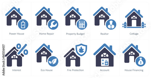 A set of 10 Real Estate icons as power house, home repair, property budget