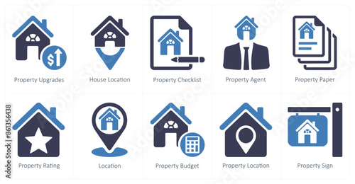 A set of 10 Real Estate icons as property upgrades, house location, property checklist