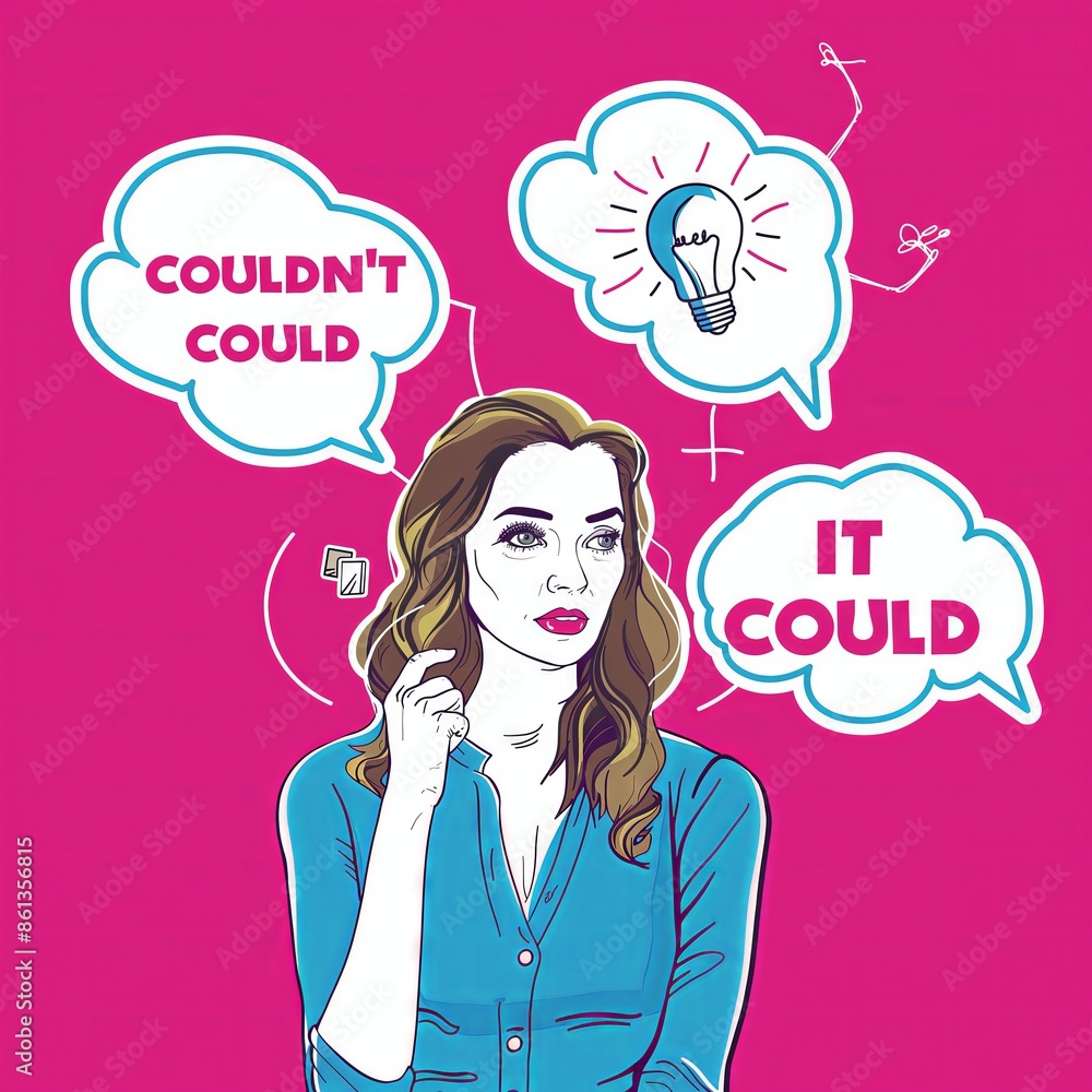 A graphic design of a woman thinking with the word A graphic design of a woman thinking with the word