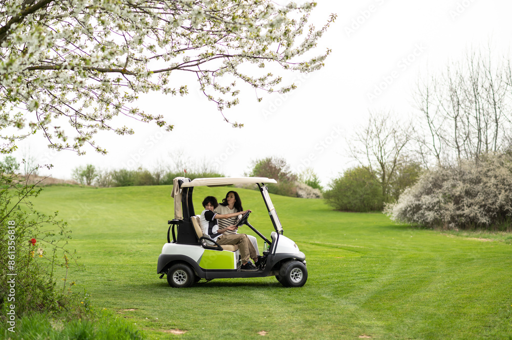Young people driving a vehicle in a golf club and looking contented Young people driving a vehicle in a golf club and looking contented