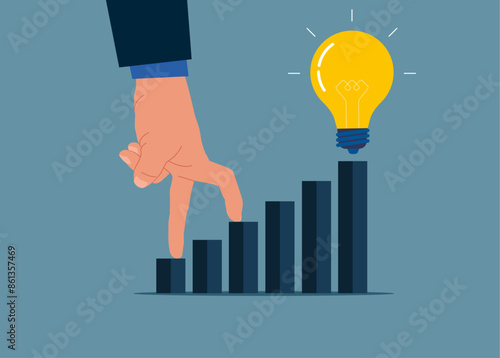 Human hand step up of diagram as staircase to achieve success in idea. Growing business graph. manages financial growth graph. Symbol leadership, strategy, mission, objectives. 