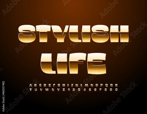 Vector elite sign Stylish Life. Unique Golden Font.  Modern Trendy Alphabet Letters and Numbers.