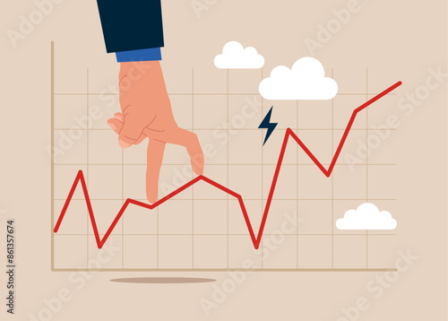 Human hand planning to walk on risky investment graph. Risk and uncertainty, investment volatility or stock market and crypto currency fluctuation up and down, all weather strategy concept.