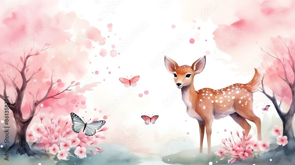 Cute watercolor illustration of a fawn in a pink floral forest Cute watercolor illustration of a fawn in a pink floral forest