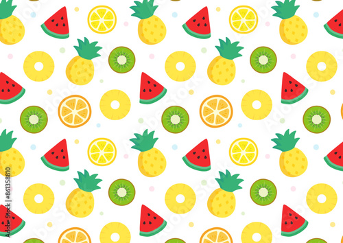 夏のトロピカルフルーツのパターン素材、スイカやパイナップル、オレンジやレモンのかわいい背景壁紙素材