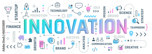 Vector creative illustration of innovation word typography with line icon, word cloud on white color background. Innovation business infographic colorful concept. Line art style design