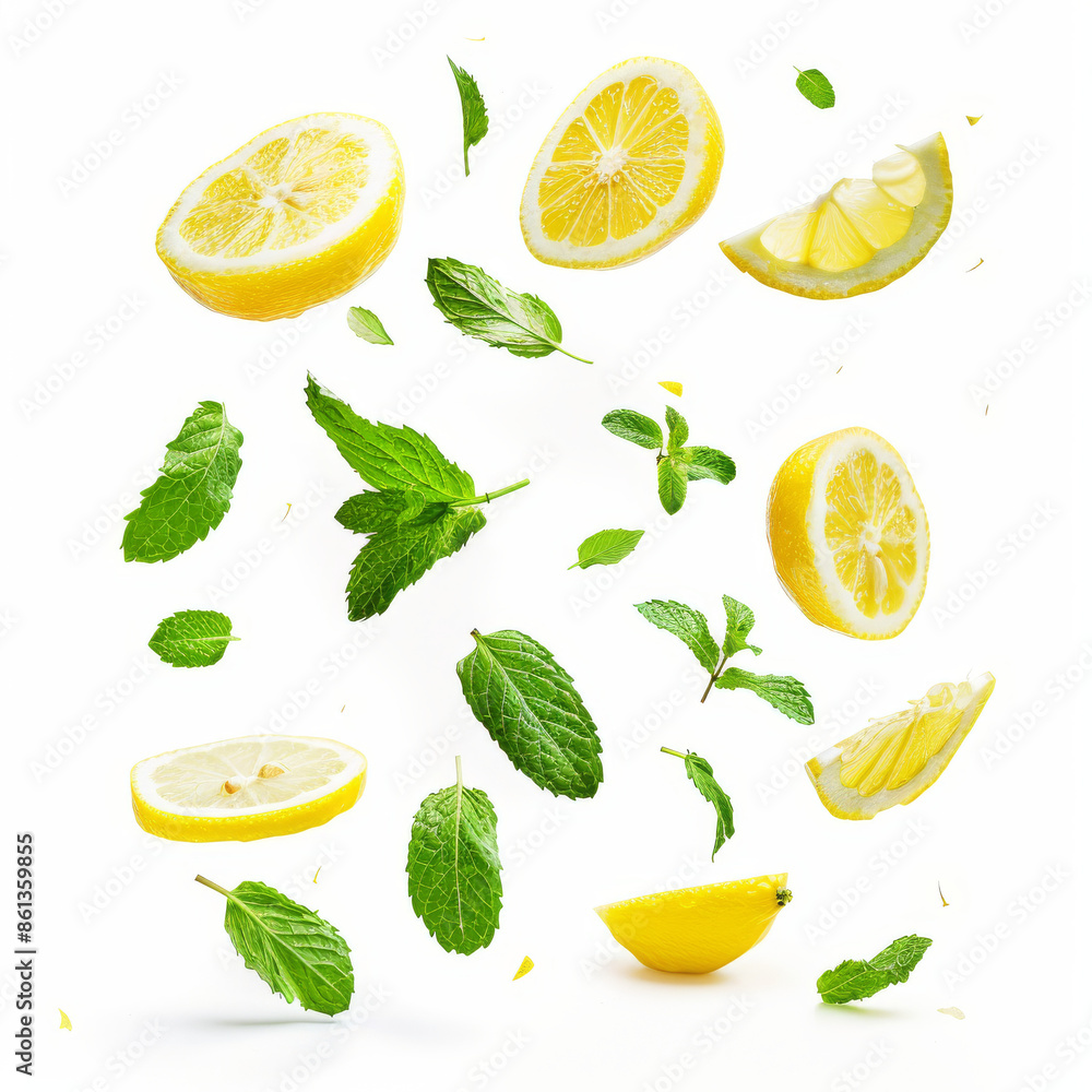 A creative set featuring fresh raw whole and cut lemons with green leaves, suspended in the air against a white background. This high-resolution image captures the concept of food levitation. A creative set featuring fresh raw whole and cut lemons with green leaves, suspended in the air against a white background. This high-resolution image captures the concept of food levitation.