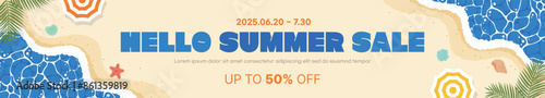 Cute concept summer season sale advertisement banner illustration. 'Summer Sale' typography written on a sea beach sand background with parasols, conches, shells and starfish.