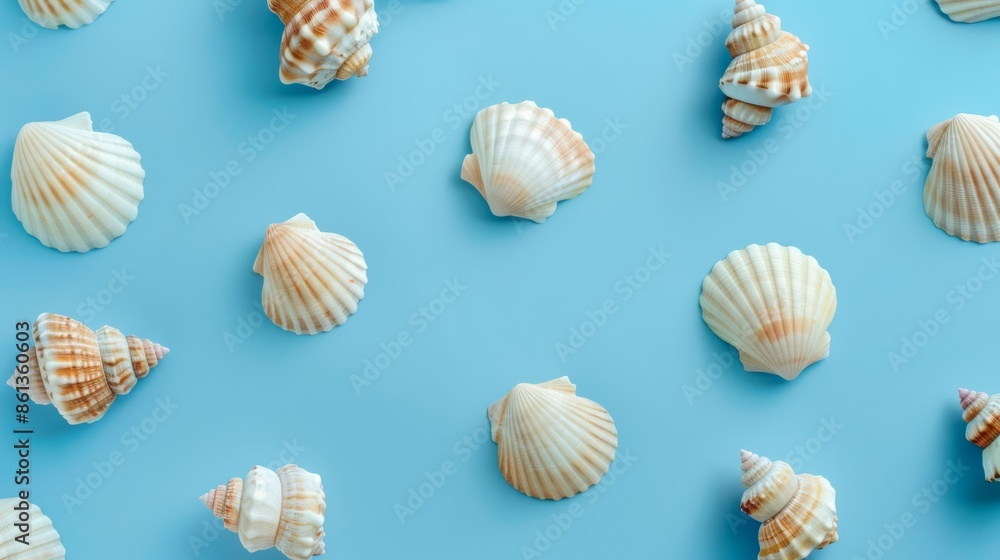 Assorted Seashells on Light Blue Background Assorted Seashells on Light Blue Background