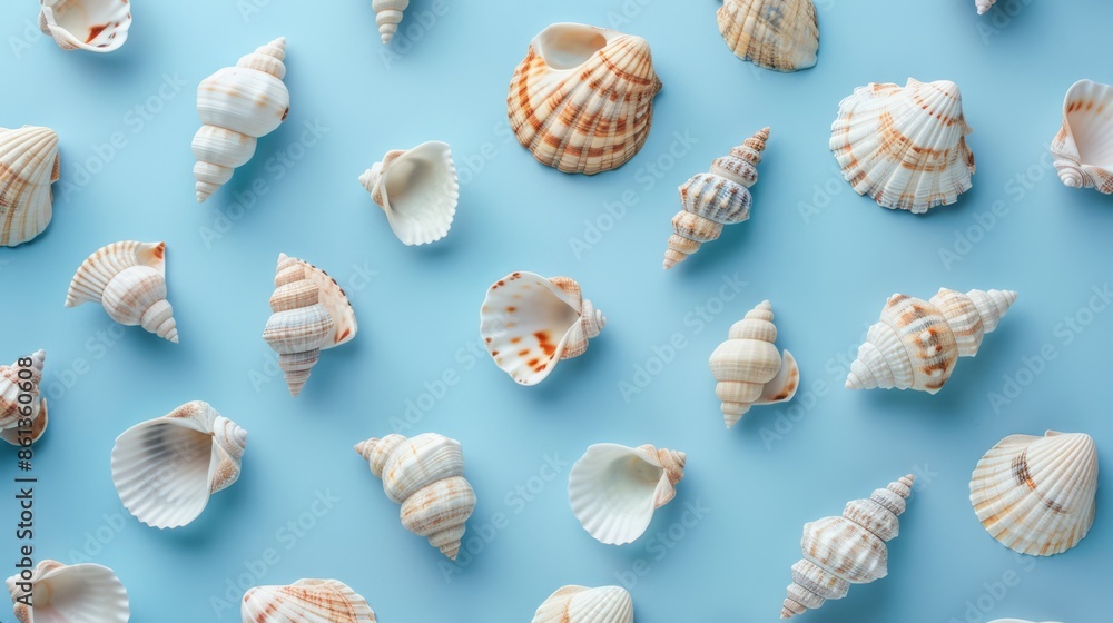 Assorted Conch and Scallop Seashells on Blue Background Assorted Conch and Scallop Seashells on Blue Background