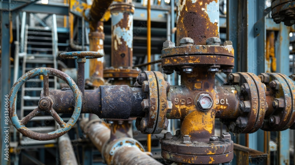 Rustic steel pipelines and valves in an abandoned section of a factory, showcasing industrial decay Rustic steel pipelines and valves in an abandoned section of a factory, showcasing industrial decay