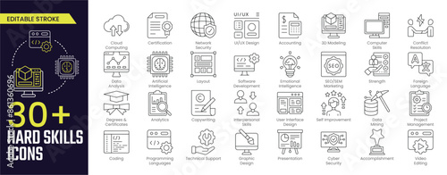 Hard skills icon collections. Containing degree certificates, foreign language, software, computer skill and more. Stroke icon collection Outline icon