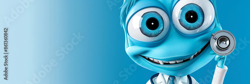 Blue cartoon doctor holding stethoscope friendly medical character healthcare illustration playful medical mascot

