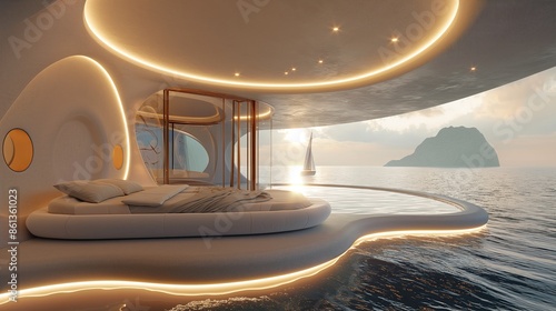A Futuristic Luxurious White Yacht Bedroom with Circular Windows Overlooking the Sea