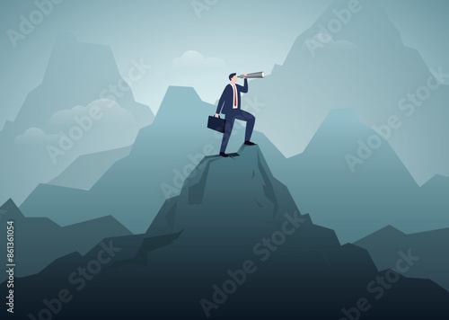 Visionary, look to see future or search for opportunity, finding way to success or discover new job or career, challenge or mission concept, businessman look through telescope to see business vision.