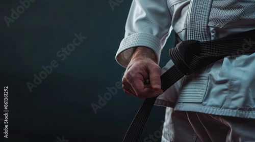 A panoramic close-up of a caucasian mans hand gripping a Brazilian jiu-jitsu black belt