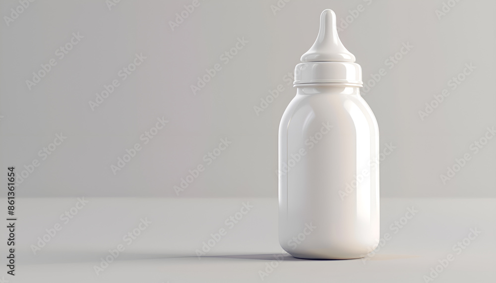 Bottles of milk for baby on grey table in room Bottles of milk for baby on grey table in room