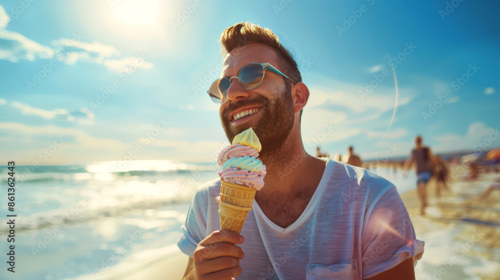 Fototapeta premium A smiling unshaven man with a multicolored ice cream cone in his hands stands on the beach on a sunny hot summer day. The scene is bright and cheerful