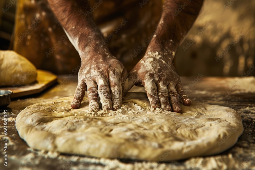 Obraz premium Hands Kneading Dough on Floured Surface: Artisanal Baking Process in Rustic Kitchen Setting
