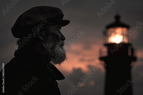 Lighthouse keeper near a coastal lighthouse on a foggy day. 7th August - Lighthouse day