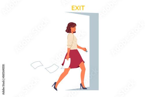 Resigned businesswoman walks out open door, refusing to work under unfavorable conditions. Resigned lady drops job contract when leaving office, wanting to create own successful startup