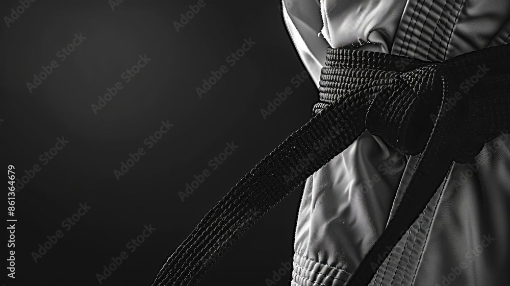 custom made wallpaper toronto digitalLow-angle view of a black belt on a pristine white budo gi, monochrome, softly blurred black background, high-contrast lighting, photorealistic detail, focused and dramatic