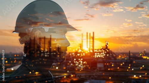 Double exposure of a man wearing hard hat with an industrial zone in the background	 photo