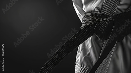 Wallpaper Mural Low-angle view of a black belt on a pristine white budo gi, monochrome, softly blurred black background, high-contrast lighting, photorealistic detail, focused and dramatic Torontodigital.ca
