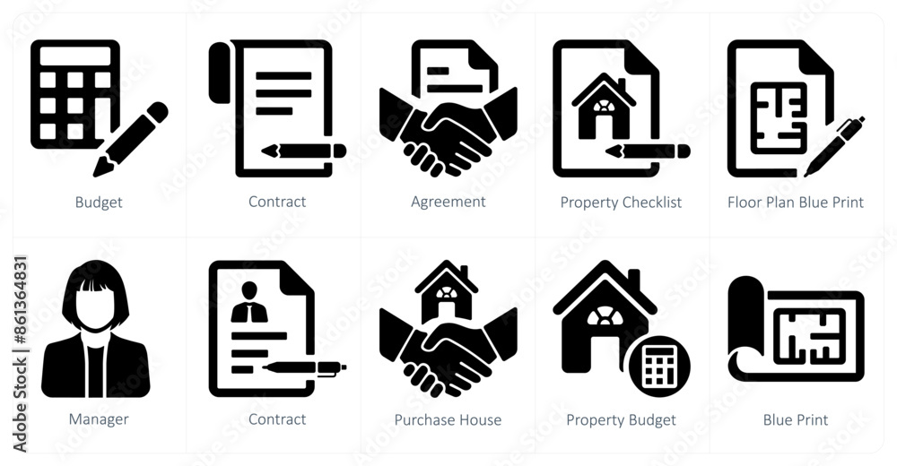 A set of 10 Real Estate icons as budget, contract, agreement A set of 10 Real Estate icons as budget, contract, agreement