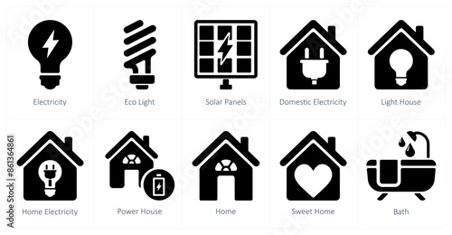 A set of 10 Real Estate icons as electricity, eco light, solar panels