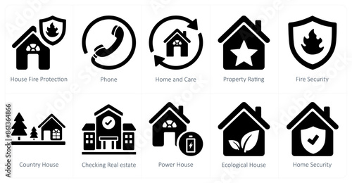 A set of 10 Real Estate icons as house fire protection, phone, home and care