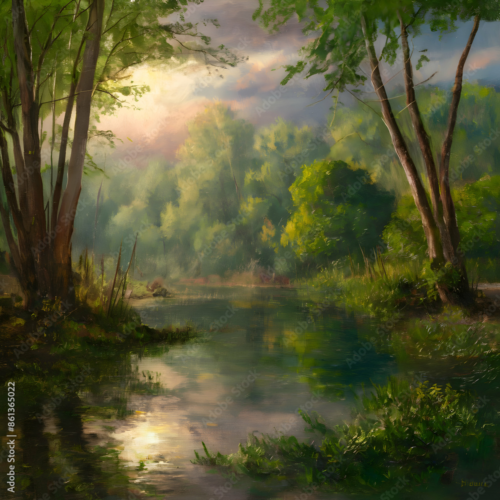 Obraz premium A tranquil forest scene captures the beauty of nature as the sun's rays filter through the water, illuminating the lush trees and plants in a picturesque landscape
