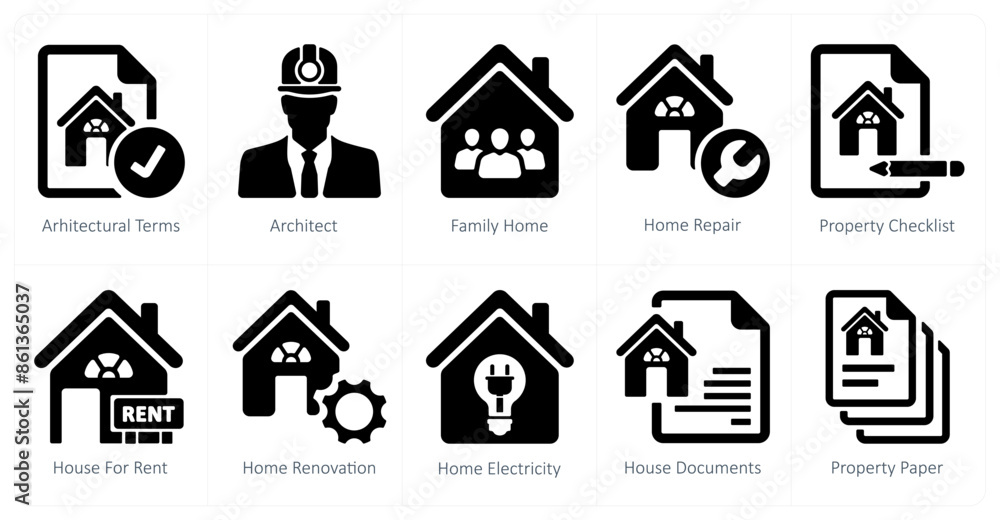 A set of 10 Real Estate icons as architectural terms, architect, family home A set of 10 Real Estate icons as architectural terms, architect, family home