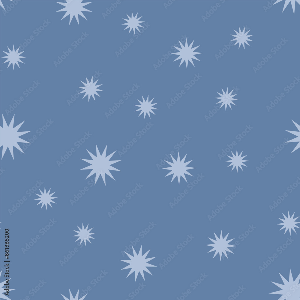 Stars or snowflakes on a blue background. Seamless pattern. Festive background. Flat style. Background for paper, cover, textile, dishes, interior decor. Stars or snowflakes on a blue background. Seamless pattern. Festive background. Flat style. Background for paper, cover, textile, dishes, interior decor.