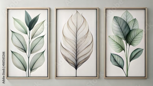Set of three vertical posters, Minimalist  line leaf ,plant art