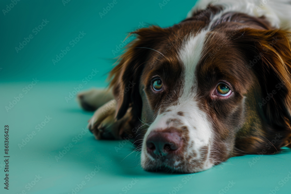 Sad Brown and White Dog Resting on Turquoise Background Sad Brown and White Dog Resting on Turquoise Background