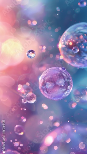 Soft focus water droplets with pink and purple bokeh lights, tranquil and dreamy atmosphere