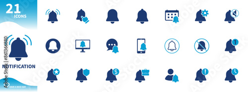Notification icon. Set of bell icons, important notifications, notification settings, security notifications,...
